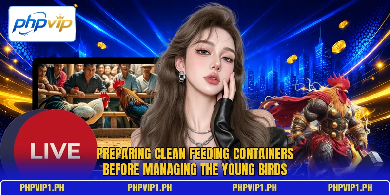Preparing clean feeding containers before managing the young birds Preparing clean feeding containers before managing the young birds
